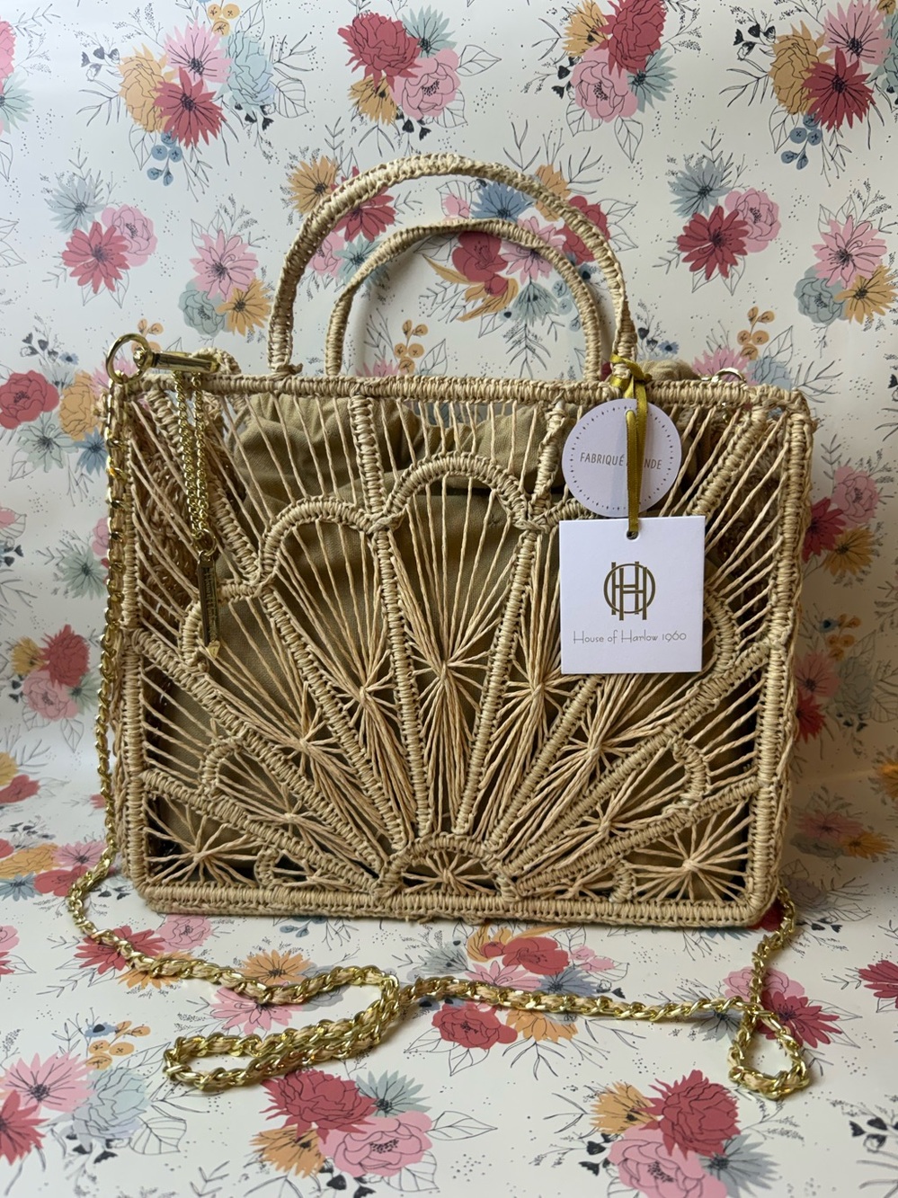 House of Harlow 1960 Natural Raffia Crossbody Bag with Gold Chain